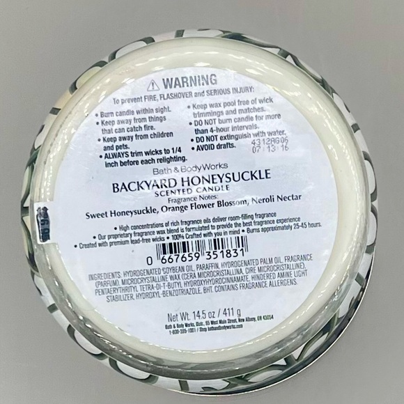 Bath & Body Works 🐝 Backyard Honeysuckle 🐝 3 Wick Candle 14.5 oz ~ New In Box - Picture 8 of 8